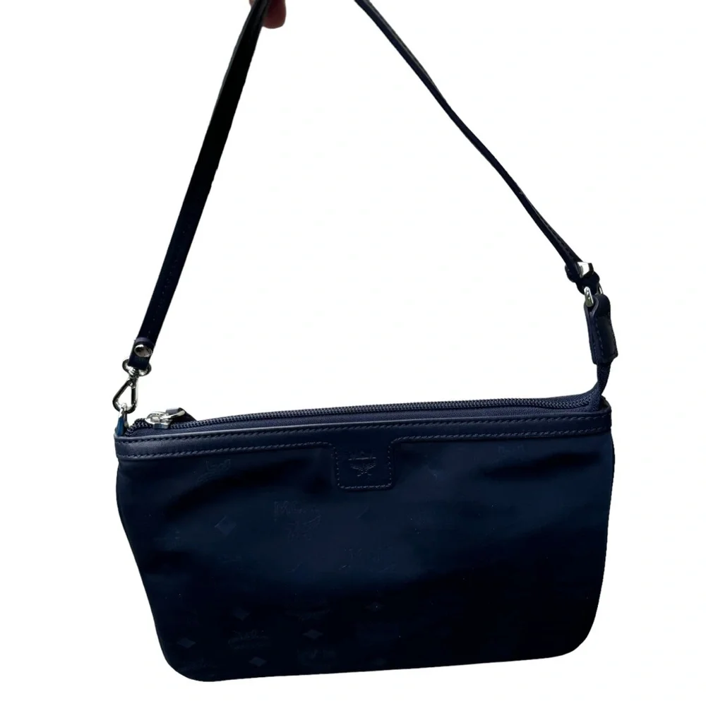 MCM Monogram Dieter Nylon Medium Shopper Tote Navy Blue EUC